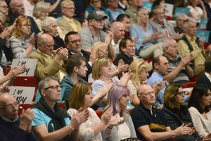 Cheering crowds at the Brexit Party West Midlands conference