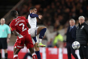 Karlan Grant of West Bromwich Albion and Anfernee Dijksteel of Middlesbrough during the Sky Bet Championship match between Middlesbrough and West Bromwich Albion at Riverside Stadium on February 22, 2022 in Middlesbrough, England. (Photo by Adam Fradgley/West Bromwich Albion FC via Getty Images).