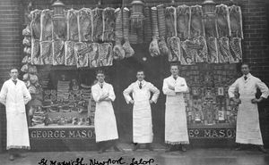George Mason butcher's shop, St Marys Street, Newport, circa 1990-1920. This is an old original postcard from the collection of the late Malcolm Miles.