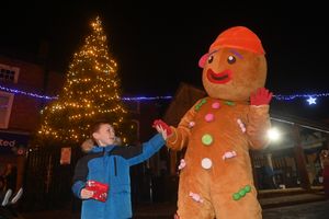 The Gingerbread Man and Thomas Vernal at the Market Drayton Christmas Lights switch-on