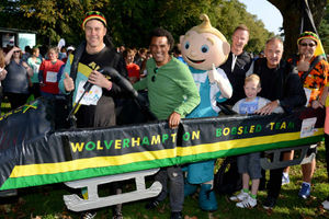 Steve Bull, Jody Craddock and Don Goodman try out a Jamaican 'bobsled' at the Walk for Dreams event