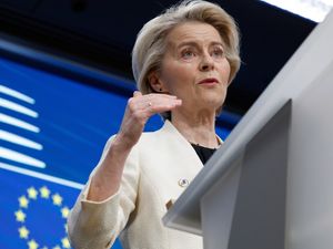 European Commission President Ursula von der Leyen addresses a media conference at an EU Summit in Brussels