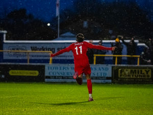 Dylan Allen-Hadley celebrates after scoring for the Bucks Picture: Kieran Stoddart