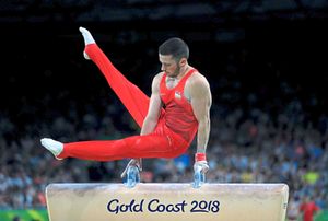 England’s Dominick Cunningham competes on the pommel horse during the men’s gymnastics team event