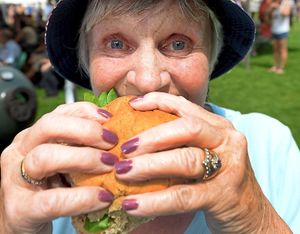 Julia Page from Shrewsbury tucks into her beef roll