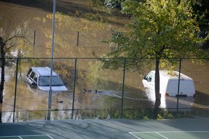 Stranded cars under water near the River Severn in Shrewsbury on Monday