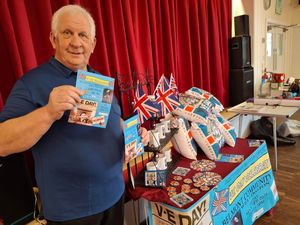 Councillor Stephen Handley with VE Day merchandise at Belmont Hall, Wellington. Picture: LDRS