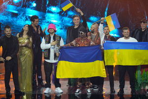 Kalush Orchestra from Ukraine celebrates after winning the Grand Final of the Eurovision Song Contest at Palaolimpico arena, in Turin, Italy, Saturday, May 14, 2022. (AP Photo/Luca Bruno).