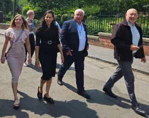 (l-r) Sarah Edwards MP, Sonia Kumar MP, Cllr Patrick Harley and Bruno Coppola from Dudley\'s Churchill Shopping Centre during the House Of Commons Business And Trade Committee visit to Dudley. Picture Sonia Kumar MP free for LDRS use