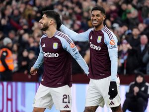 Aston Villa’s Marco Asensio celebrates with Marcus Rashford (Bradley Collyer/PA)