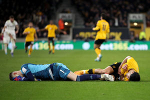 Illan Meslier down following a clash with Raul Jimenez which saw the striker sent off for a second yellow card (Getty Image)