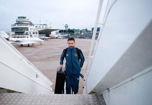 Joao Moutinho walking up the steps onto the plane as Wolves head to Marbella on a training camp (Photo by Isaac Parkin - WWFC/Wolves via Getty Images)