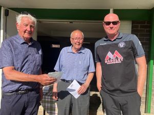 Sinclair star – player of the final Steve Handley with Wem League president Mike Spencer and (centre) secretary Graham Hughes
