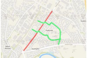 Green areas shows routes for local residents through the Whitchurch Road work