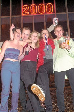 Helen Frost (21), Richard Pinchin (22), Cheryl Jenkins (24), Jo Cowlishaw (21) and Tim Fielding (20) welcomed the new millennium at Newport's Central Square