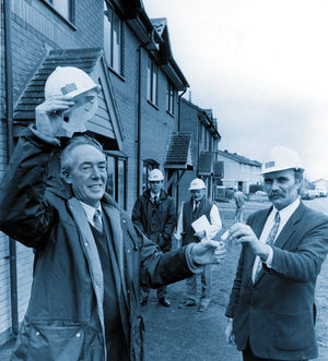 Builders handed over the keys to mark the beginning of the end for some of Stafford's most unusual homes. When bricks were short after the Second World War, some council houses were built out of steel as a short-term measure. But the council began to replace the outdated stock in March 1989. Here housing inspector Vic Jones is seen looking over the first completed batch of replacement homes in Conway Road, Doxey, before tenants moved in. He is pictured receiving the keys to the first of the houses from Mr John Ingram, site manager