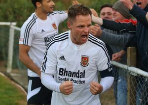 Tom celebrates after Dan Scarr's equaliser during the FA Cup First Round