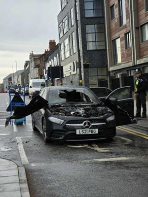 The Mercedes vehicle was severely damage as a result of the blaze
