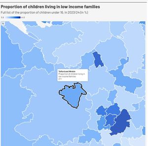 Proportion of children living in low income families
The proportion of children under 16, in 2023/24 (in %)