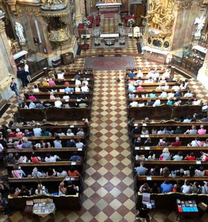Looking down at the audience from where the choir were singing at St Peters Church Vienna 