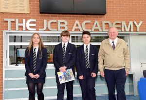 Pictured left to right are Year 11 JCB Academy students Freya Boldy, Rhys Mawer and Lewis Lindsay with Harry Richardson at JCB Academy, Rocester
