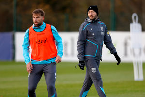 Statistical analyst Damia Abella, one of Mason's backroom coaching team, during training with defender Charlie Taylor in the foreground. (Photo by Adam Fradgley/West Bromwich Albion FC via Getty Images)