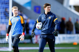 Shrewsbury Town goalkeeper coach Harry Burgoyne (right) with Matt Cox