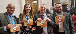 Cllrs Mo Hanif, Ellen Cobb, Pete Lowe and Andrew Tromans celebrate the vote supporting a motion to ban Glyphosate in Dudley Council parks. Picture Cllr Andrew Tromans free for LDRS use