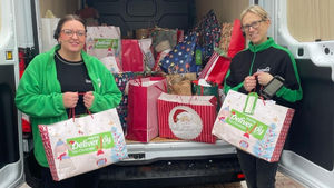 Jenny Pountain and Kirsty Salt from Dunelm Stafford show off some of the gifts donated