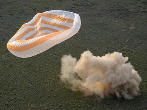 The Soyuz MS-26 spacecraft lands in a remote area near the town of Zhezkazgan, Kazakhstan