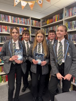 Picture caption:
The winning Hart School storytellers, left to right, include pupils Mylah McCabe, Ben Westwood, Verity Cooper, Riley Stevens, and Lola Dawson are pictured with the school’s Grim Tales compilation of spooky stories.