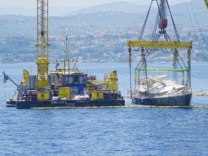 Supporting image for story: Mike Lynch’s superyacht fully raised above water for first time since it sank