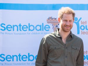 Harry in front of a Sentebale poster