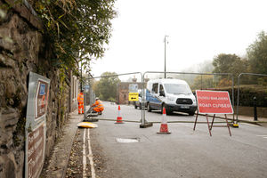 Flood barriers going up in Ironbridge on Friday morning
