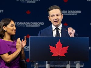Conservative leader Pierre Poilievre with his wife Anaida (Adrian Wyld/The Canadian Press via AP)