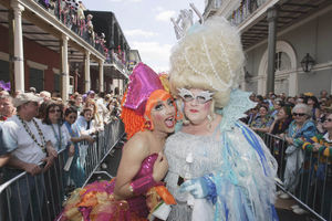 Bianca Del Rio and Blanche Debris smile at  the Bourbon Street Awards costume contest in the French Quarter during Mardi Gras celebrations in New Orleans