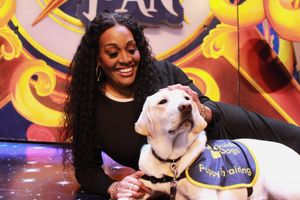 Alison Hammond on stage with a guide dog puppy.