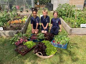 Three of the young gardeners at Newtown CE Primary School  who have grown, harvested and now sold their own produce