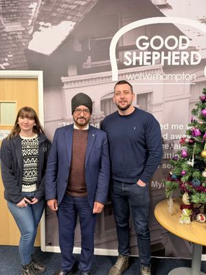 Warinder Juss MP, Member of Parliament for Wolverhampton West, alongside Tom Hayden, CEO of the Good Shepherd, and Lucy Cox from their Fundraising team