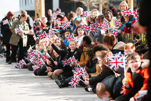 Children waiting for a chance to meet Camilla the Queen Consort, outside Southwater One in Telford.