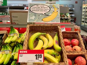 Researchers used sad and happy banana signage for a social experiment in a German supermarket chain (Svenja Gerecht/Aachen University/University of Bath/PA)