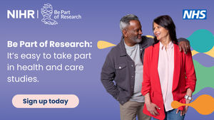 A man and woman on a purple background with the NIHR and NHS logos and the words: 'Be Part of Research: It's easy to take part in health and care studies