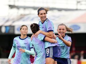 West Ham Arsenal's Mariona Caldentey, centre, celebrates