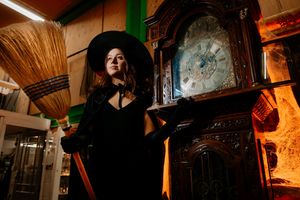 The Old Mill Antiques Centre in Bridgnorth prepares for Halloween. Amber Ridgway-Herrera with 12ft Gothic Grandfather Clock