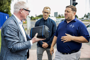 Mayor Richard Parker at the install of the air quality sensors with Tim Dexter from Asthma and Lung UK, and Owen Gardener from EarthSense. PIC: WMCA