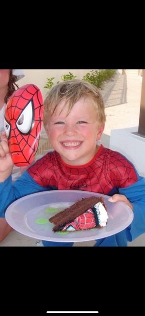 A young Lewis Pugh as Spider-Man who will play the character in Alfie's film.