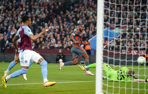 Olympiacos' Ayoub El Kaabi scores their second goal of the game