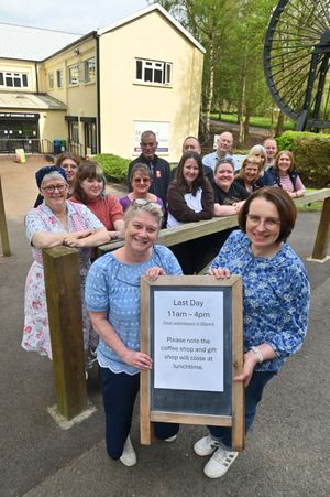 The Museum of Cannock Chase, in Hednesford, had its final day as it has been forced to close.
Holding the A-board is longest serving members. Rachel Gentle ( Education & Events Officer and Museum Service Manager: Lee Bellingham with other staff and volunteers in the background