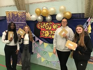 Friends celebrate their results (from left) Victory Nsude, Ruby Hearn, Poppie Brown and Mia Chapman

