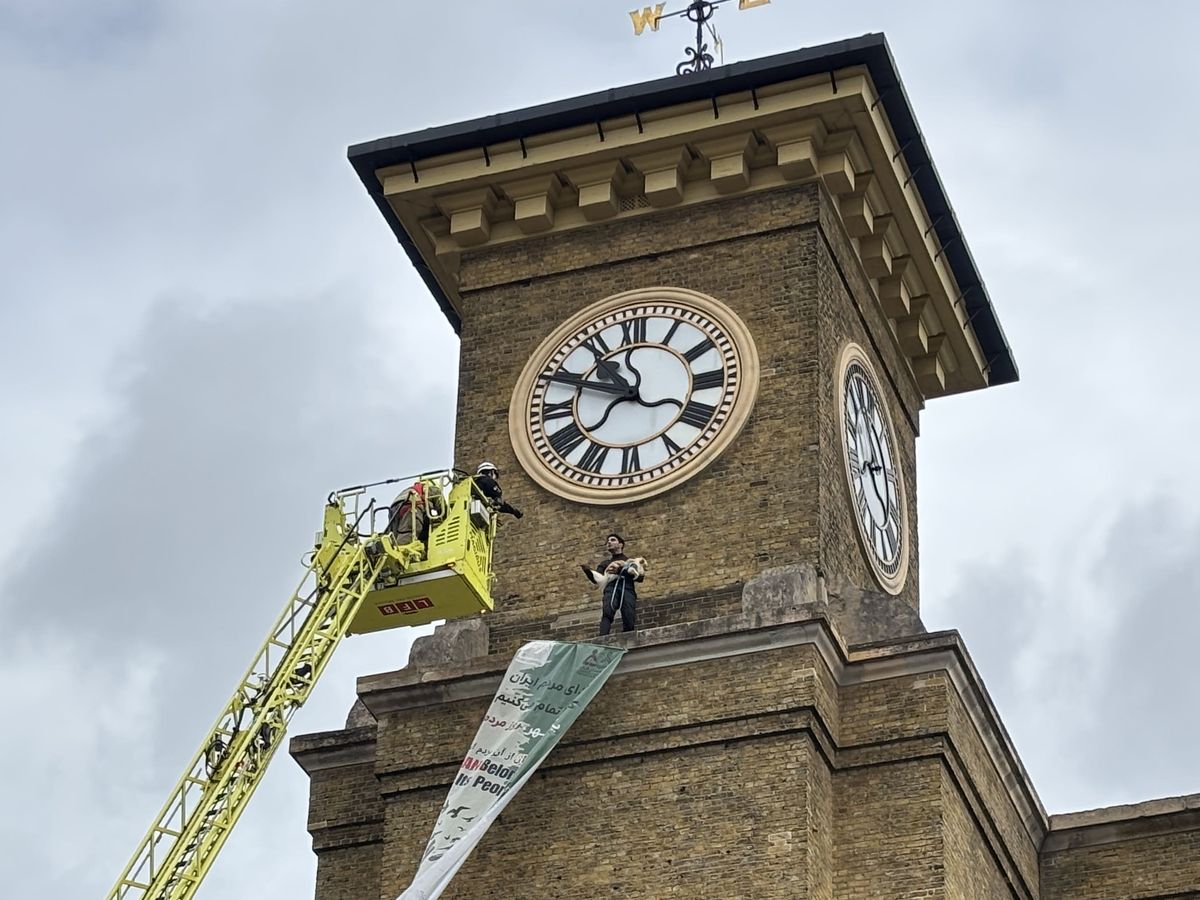 Protester clutching a dog climbs clocktower at mainline train station